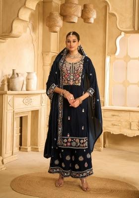 Blue Embroidered Velvet Sharara Set With Dupatta