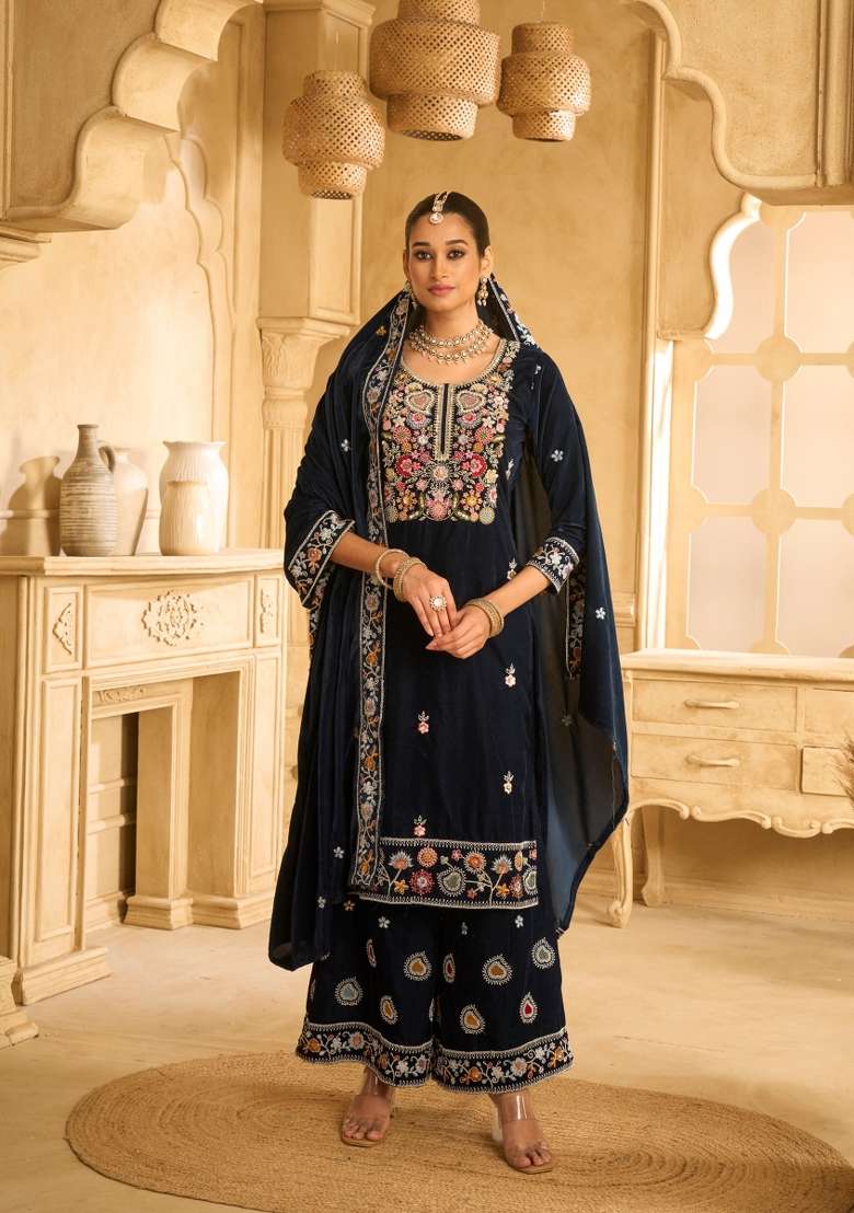 Blue Embroidered Velvet Sharara Set With Dupatta - Indya