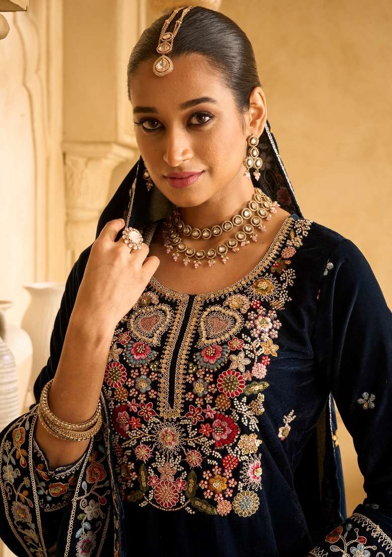 Blue Embroidered Velvet Sharara Set With Dupatta - Indya