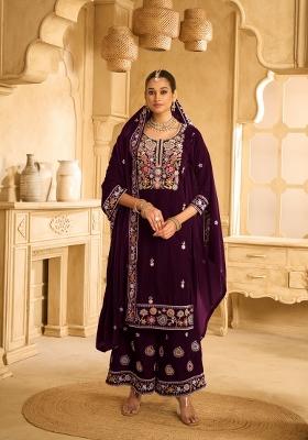 Purple Embroidered Velvet Sharara Set With Dupatta