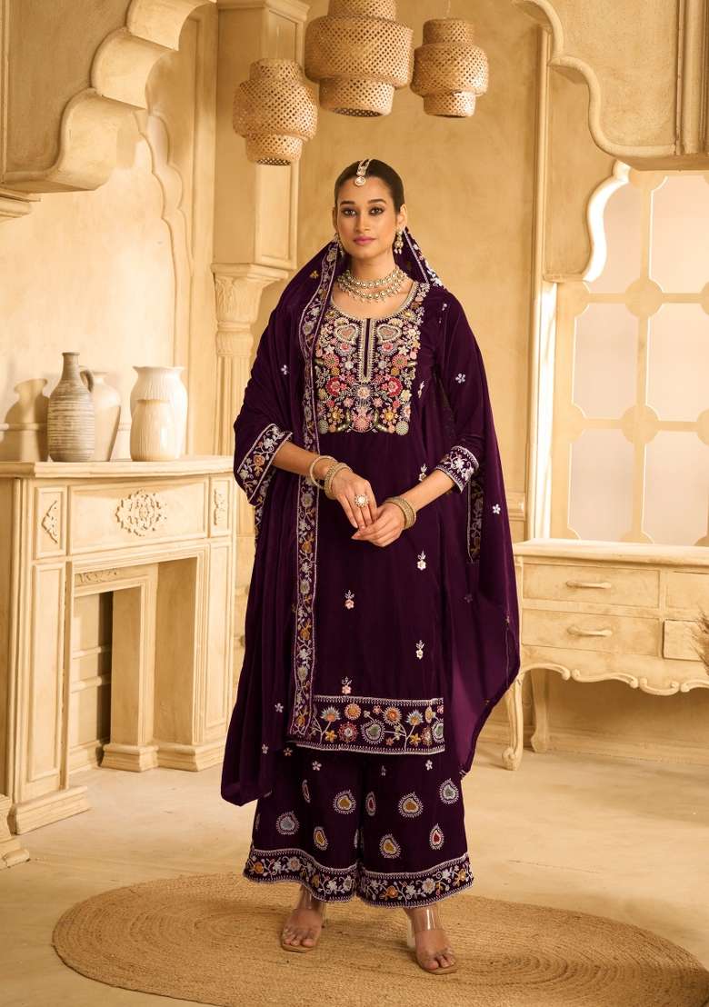 Purple Embroidered Velvet Sharara Set With Dupatta - Indya