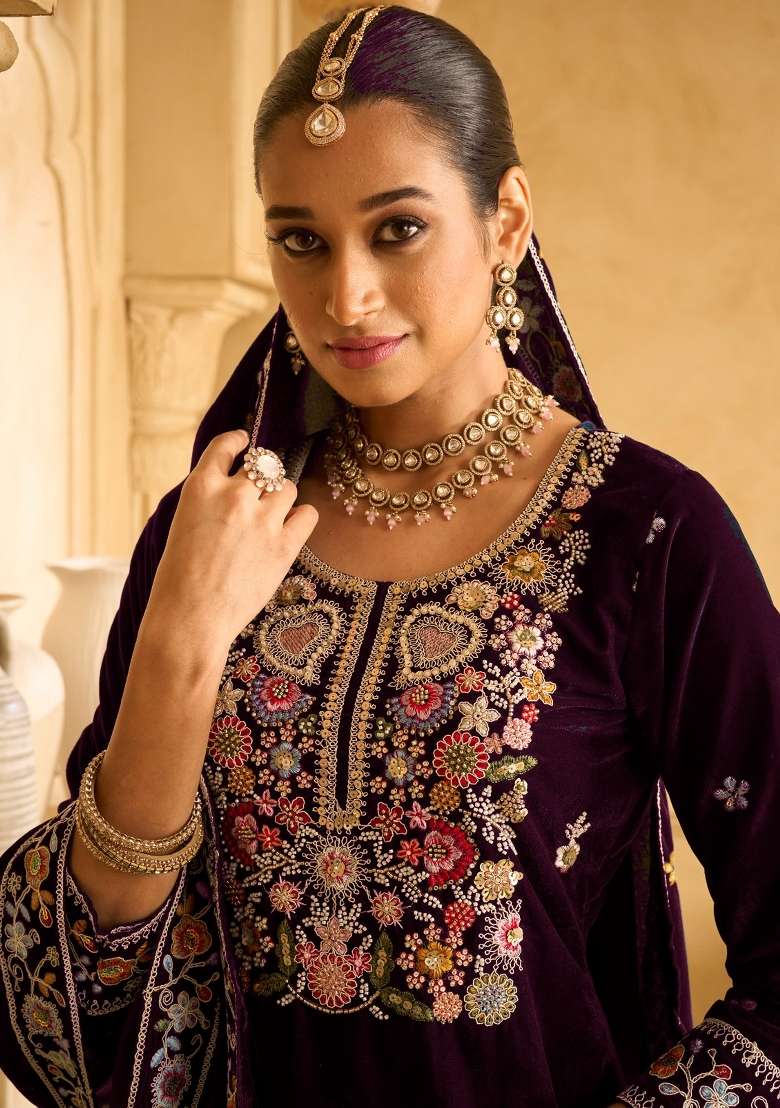 Purple Embroidered Velvet Sharara Set With Dupatta - Indya