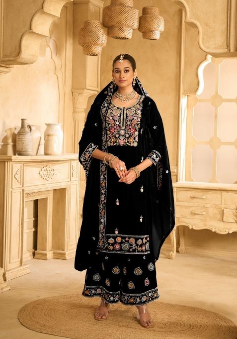 Black Embroidered Velvet Sharara Set With Dupatta