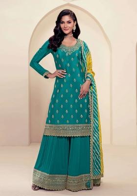 Sea Green Embroidered Chinnon Sharara Set With Dupatta
