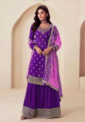 Purple Embroidered Chinnon Sharara Set With Dupatta