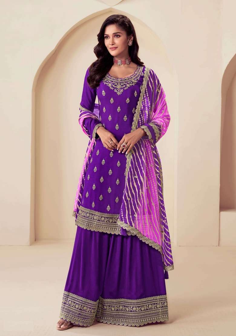Purple Embroidered Chinnon Sharara Set With Dupatta - Indya