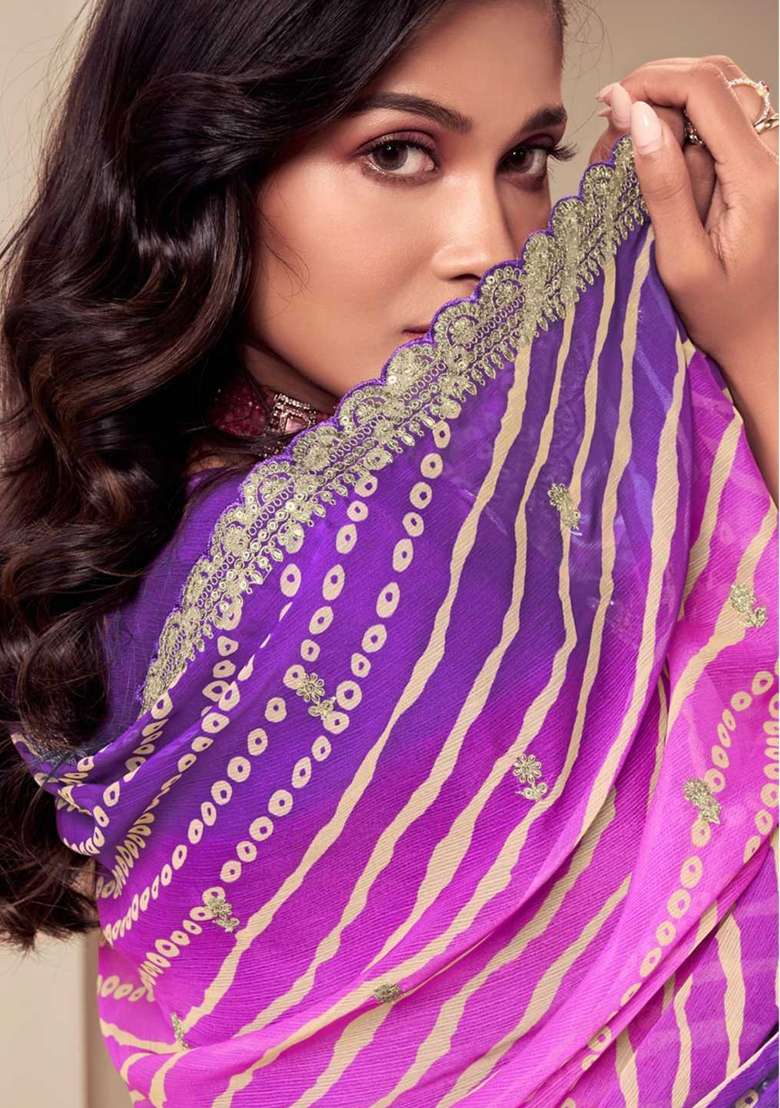 Purple Embroidered Chinnon Sharara Set With Dupatta - Indya