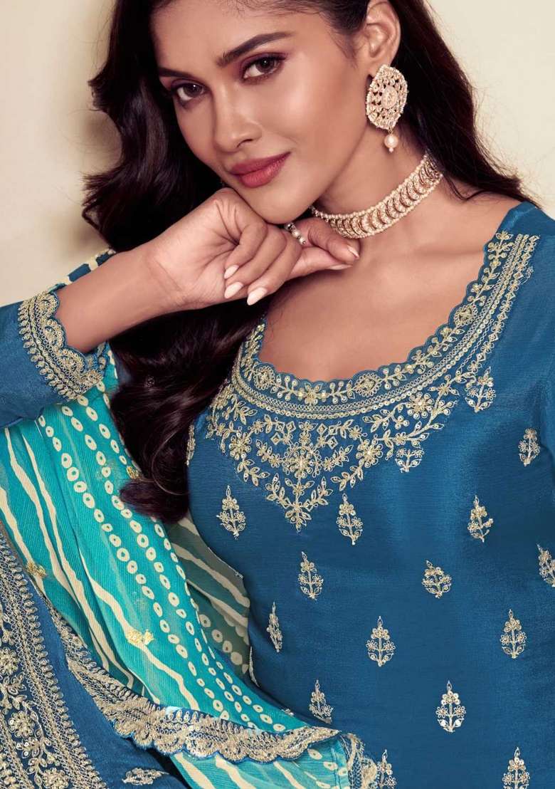 Blue Embroidered Chinnon Sharara Set With Dupatta - Indya