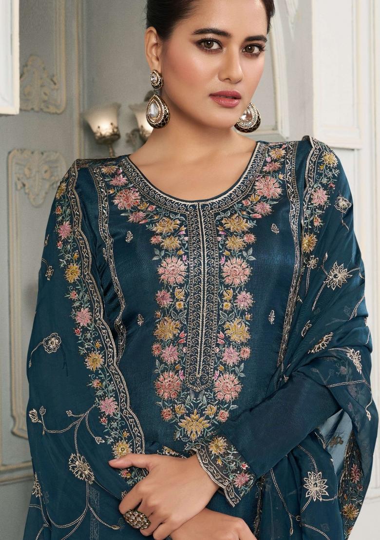 Blue Embroidered Munga Silk Sharara Set With Dupatta