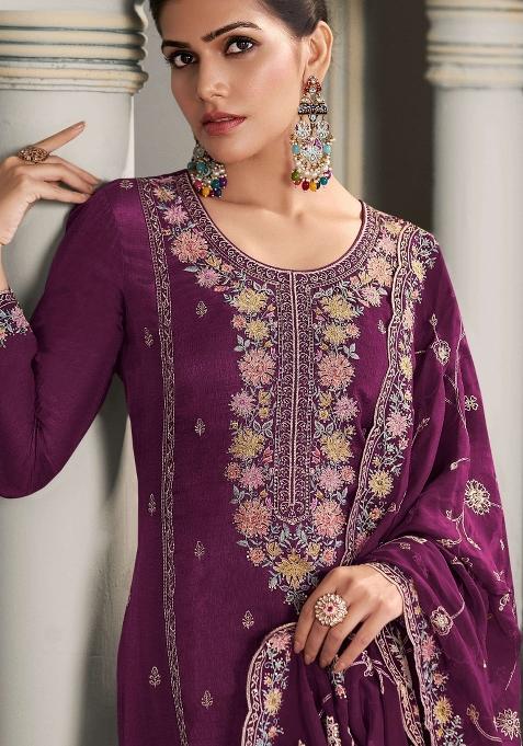 Purple Embroidered Munga Silk Sharara Set With Dupatta