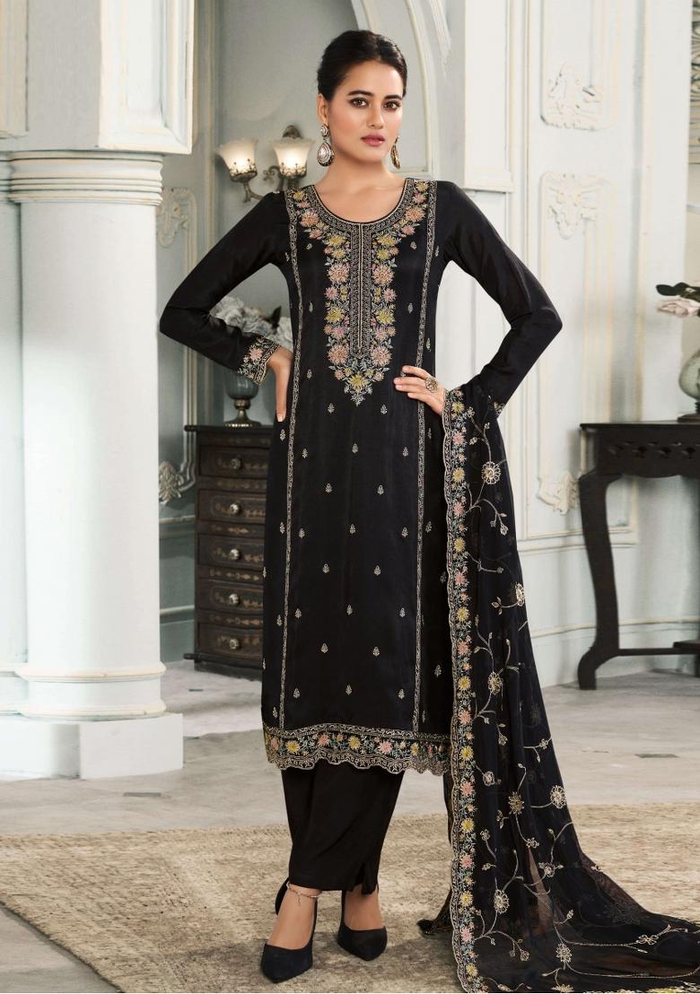Black Embroidered Munga Silk Sharara Set With Dupatta