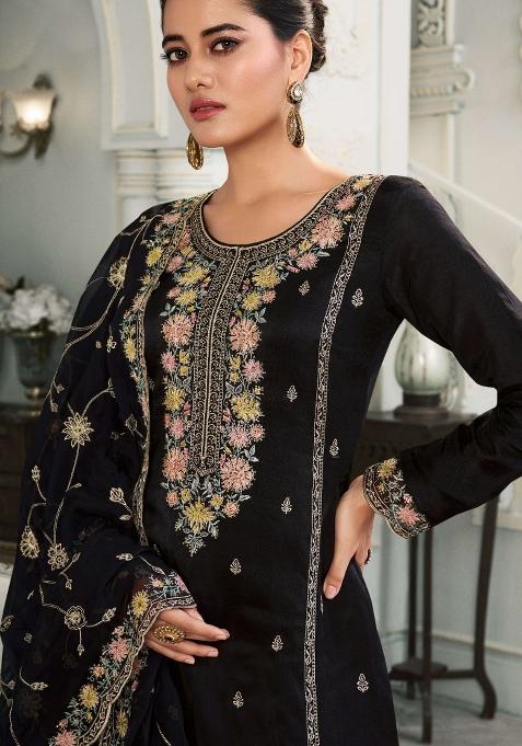 Black Embroidered Munga Silk Sharara Set With Dupatta