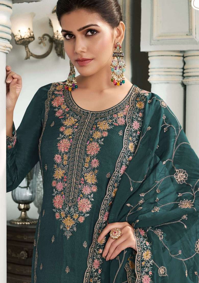 Rama Green Embroidered Munga Silk Sharara Set With Dupatta - Indya
