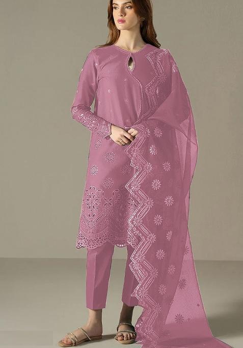 Pink Embroidered Cotton Sharara Set With Dupatta