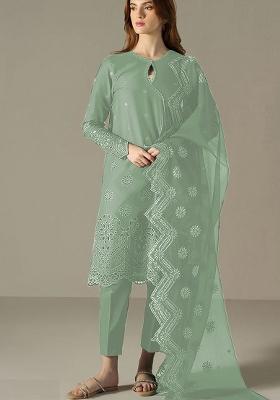 Pista Green Embroidered Cotton Sharara Set With Dupatta