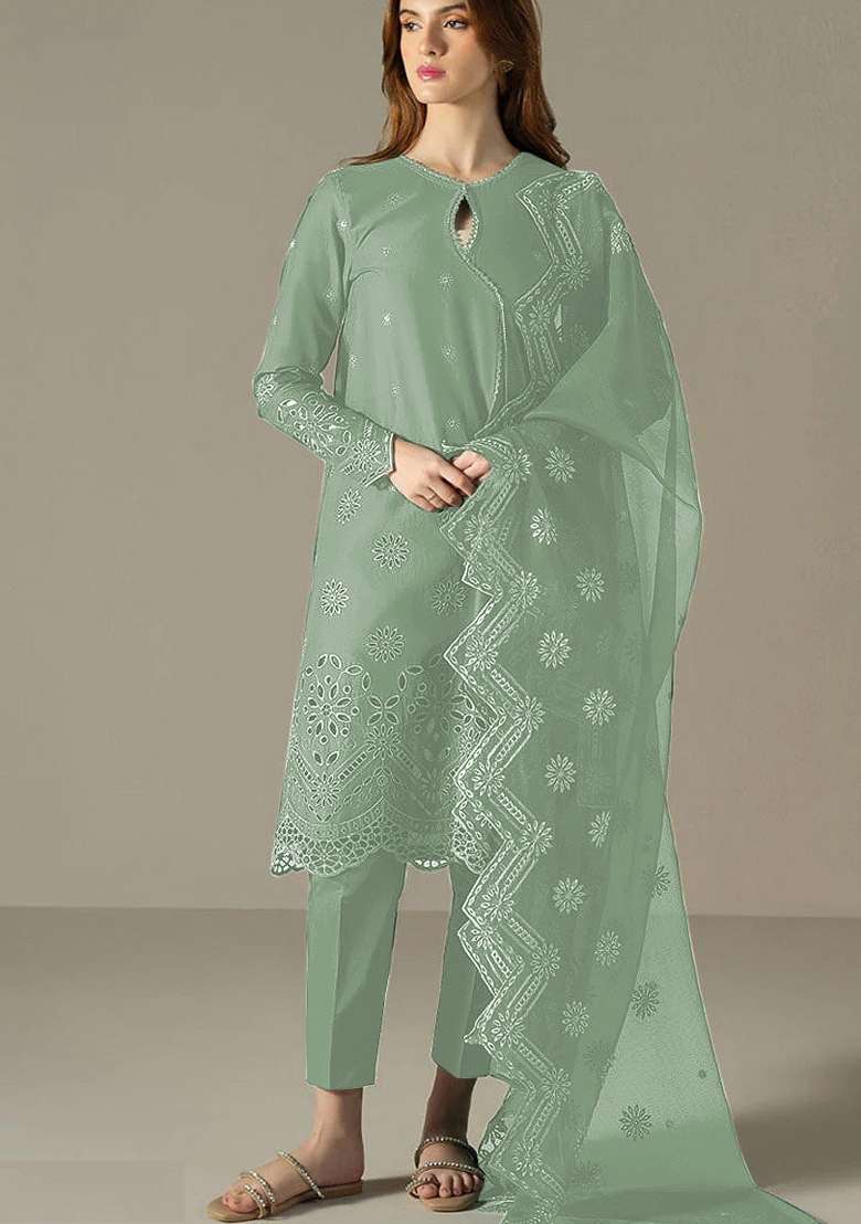 Pista Green Embroidered Cotton Sharara Set With Dupatta - Indya