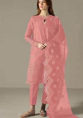 Peach Embroidered Cotton Sharara Set With Dupatta