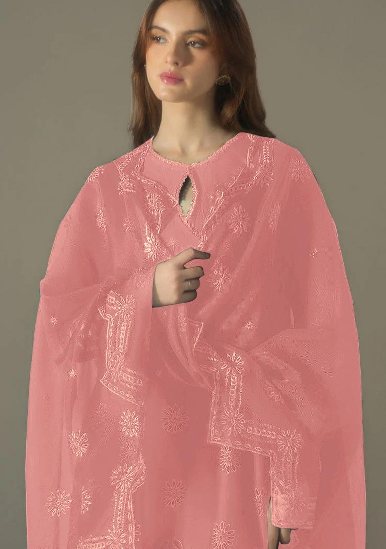 Peach Embroidered Cotton Sharara Set With Dupatta
