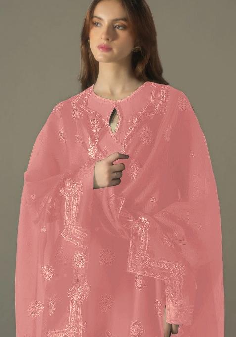 Peach Embroidered Cotton Sharara Set With Dupatta