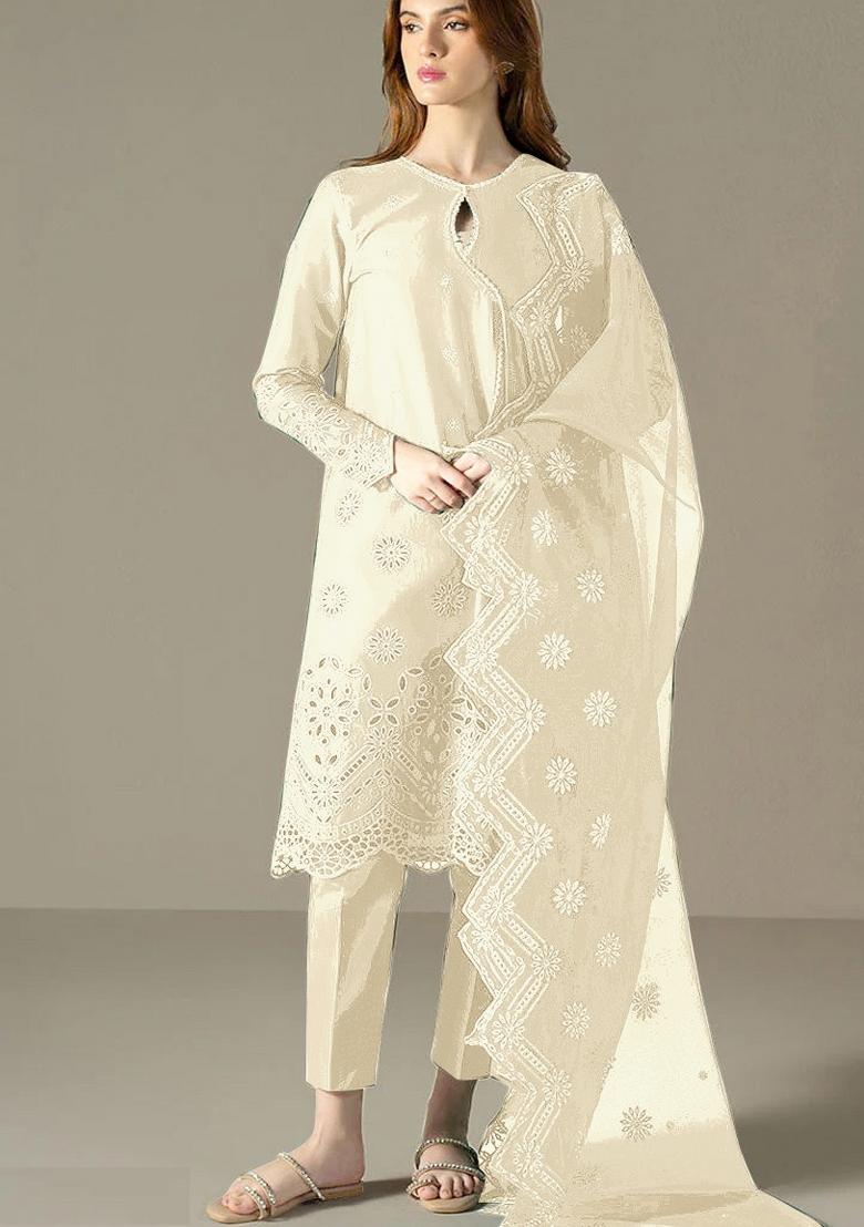 Off White Embroidered Cotton Sharara Set With Dupatta