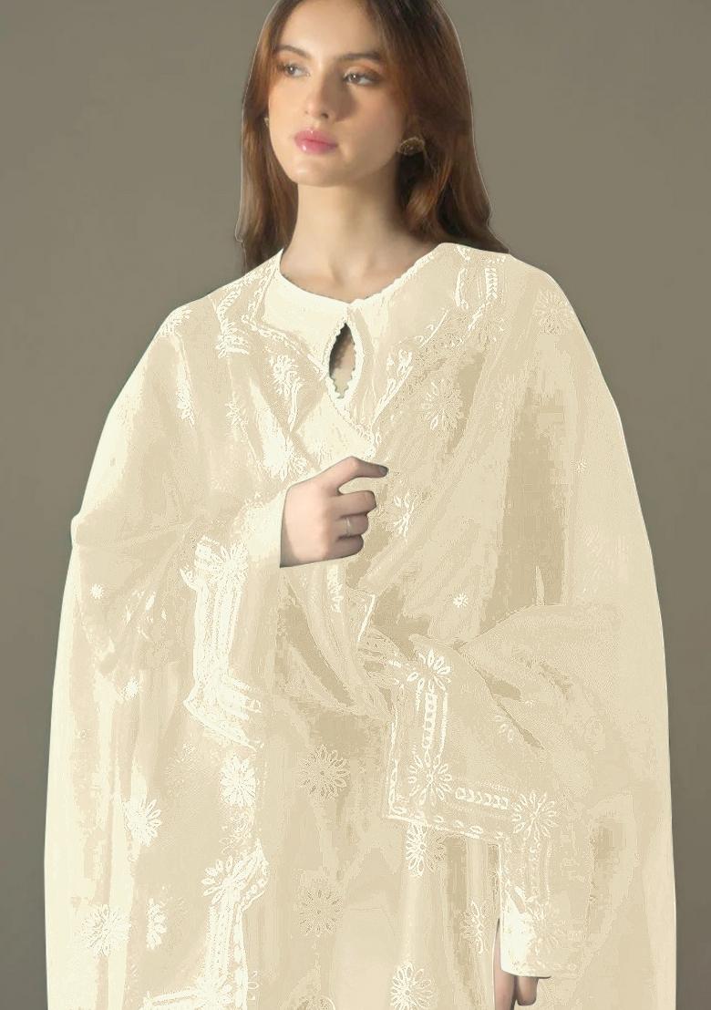 Off White Embroidered Cotton Sharara Set With Dupatta
