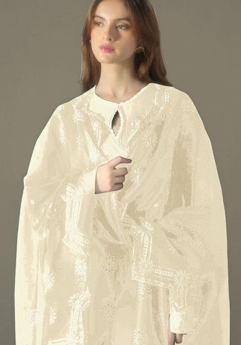 Off White Embroidered Cotton Sharara Set With Dupatta