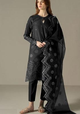 Black Embroidered Cotton Sharara Set With Dupatta