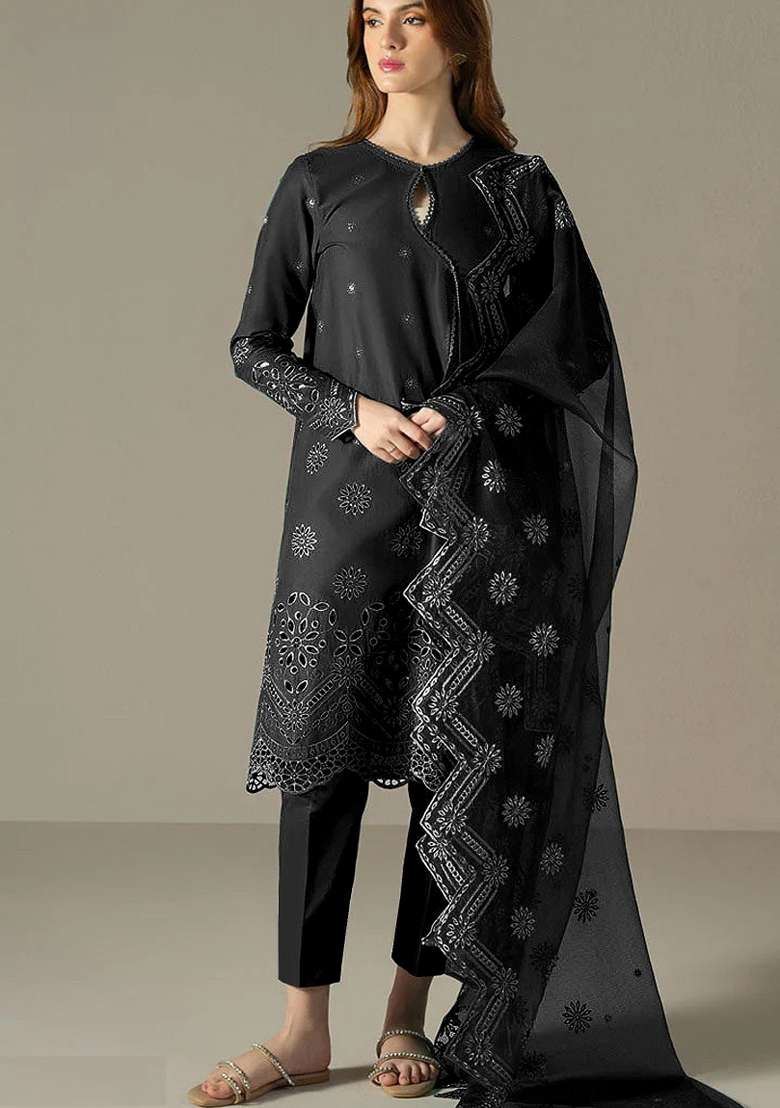 Black Embroidered Cotton Sharara Set With Dupatta - Indya