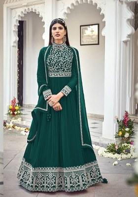 Dark Green Embroidered Georgette Anarkali Set With Dupatta