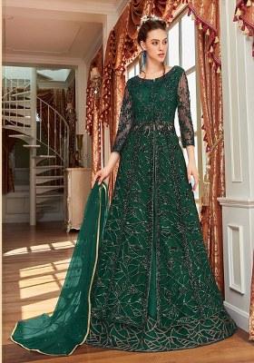 Dark Green Embroidered Net Anarkali Set With Dupatta