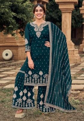 Teal Blue Embroidered Georgette Sharara Set With Dupatta