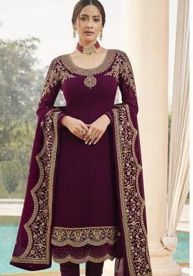 Wine Embroidered Georgette Salwar Kameez With Dupatta
