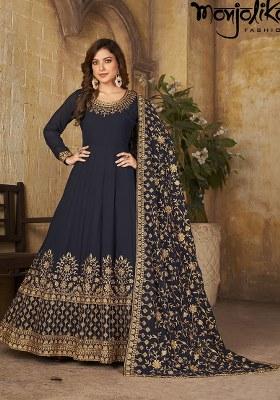 Navy Blue Embroidered Georgette Anarkali Set With Dupatta