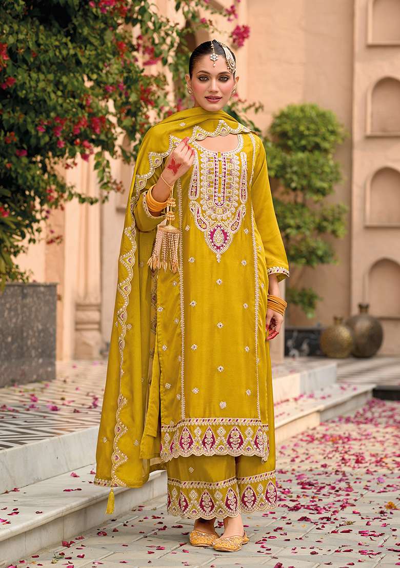 Yellow Embroidered Chiffon Straight Kurta Set - Indya