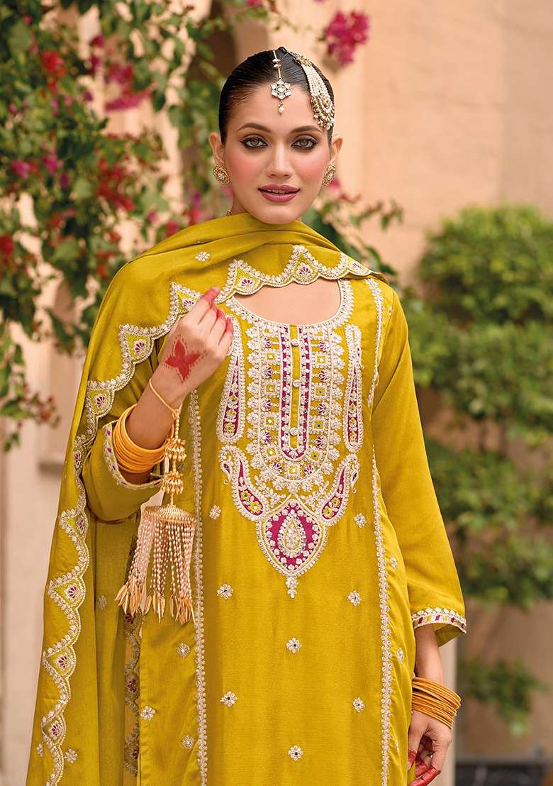 Yellow Embroidered Chiffon Straight Kurta Set - Indya