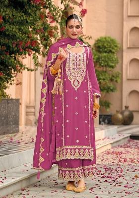 Pink Embroidered Chiffon Salwar Kameez With Dupatta