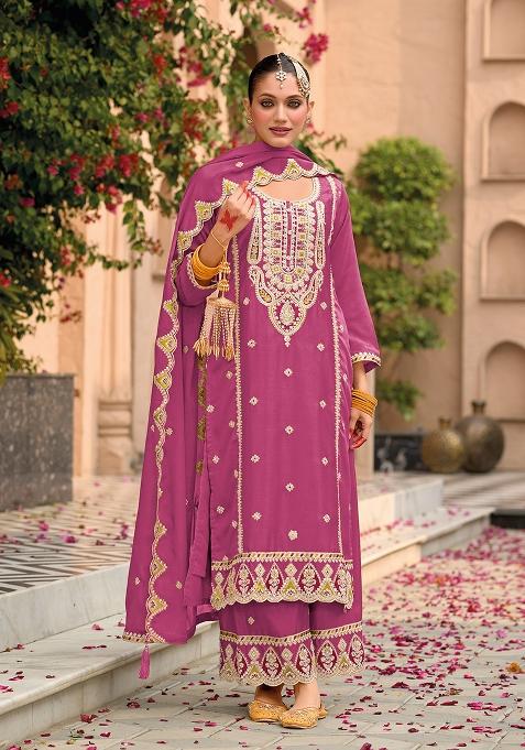 Pink Embroidered Chiffon Salwar Kameez With Dupatta