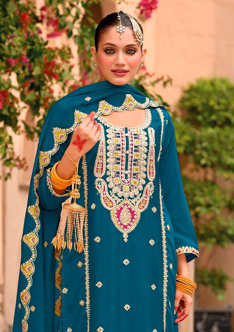 Teal Blue Embroidered Chiffon Sharara Set - Indya