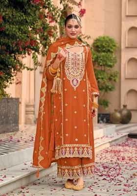 Orange Embroidered Chiffon Salwar Kameez With Dupatta