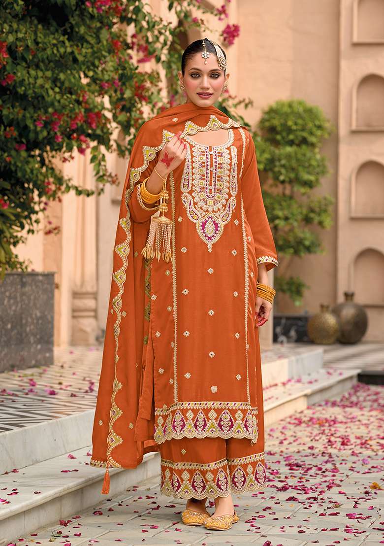 Orange Embroidered Chiffon Punjabi Suit - Indya