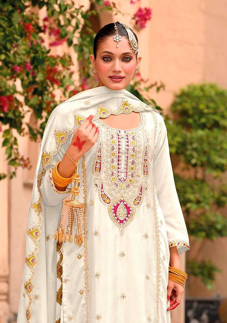 White Embroidered Chiffon Pakistani Suit Set - Indya
