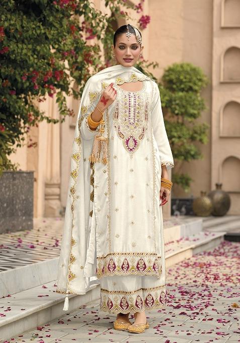White Embroidered Chiffon Salwar Kameez With Dupatta