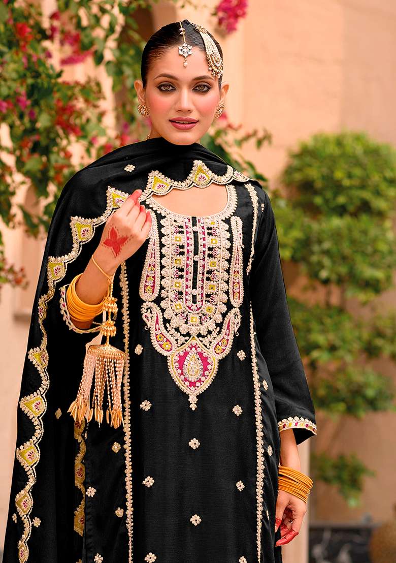 Black Embroidered Chiffon Punjabi Suit - Indya