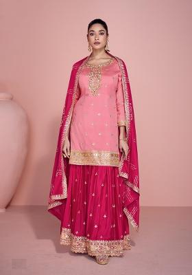 Pink Embroidered Chiffon Sharara Set With Dupatta