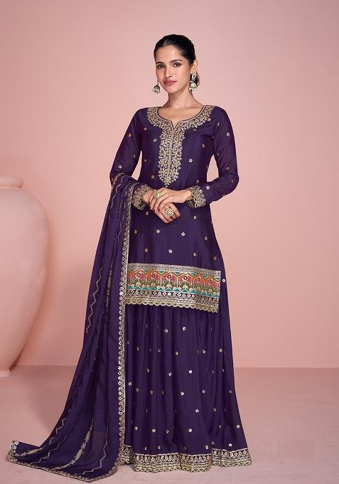 Purple Embroidered Chiffon Sharara Set With Dupatta