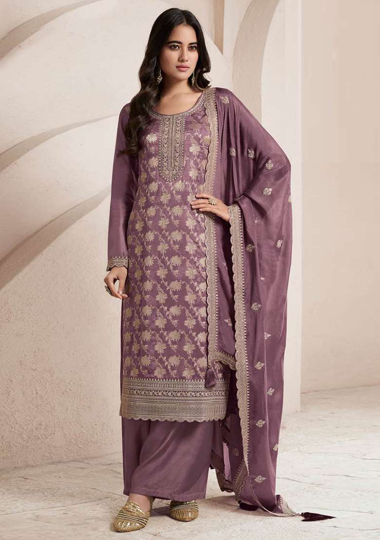 Purple Jacquard Jacquard Straight Kurta Set - Indya