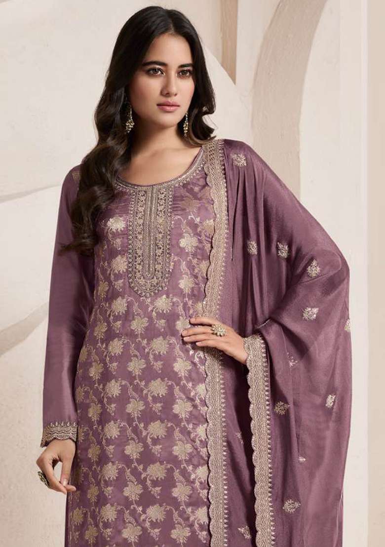 Purple Jacquard Jacquard Straight Kurta Set - Indya