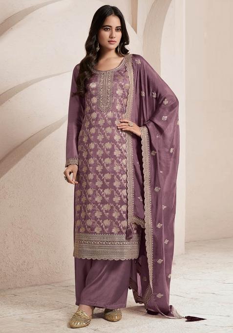 Purple Embroidered Jacquard Sharara Set With Dupatta