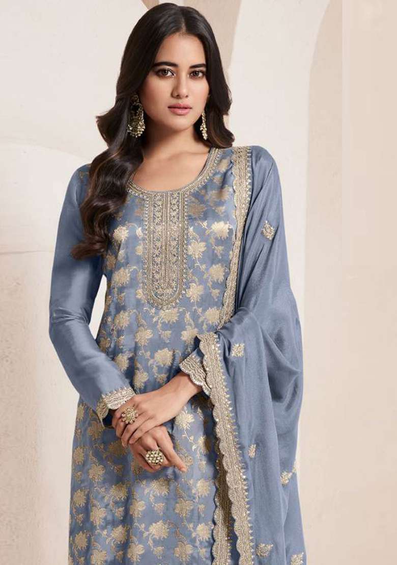 Grey Embroidered Jacquard Pakistani Suit Set - Indya
