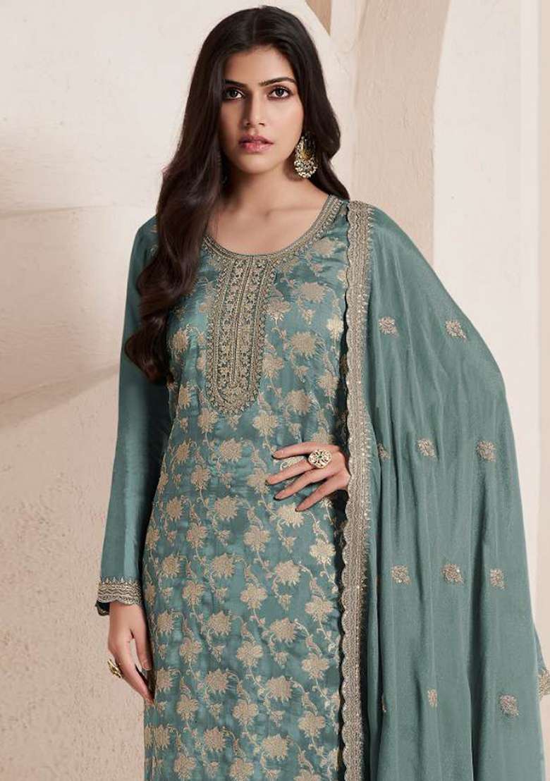 Green Embroidered Jacquard Punjabi Suit - Indya